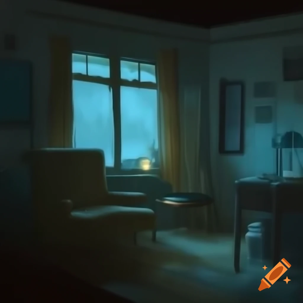 Cozy dimly lit room with vintage decor and rainy street view at night