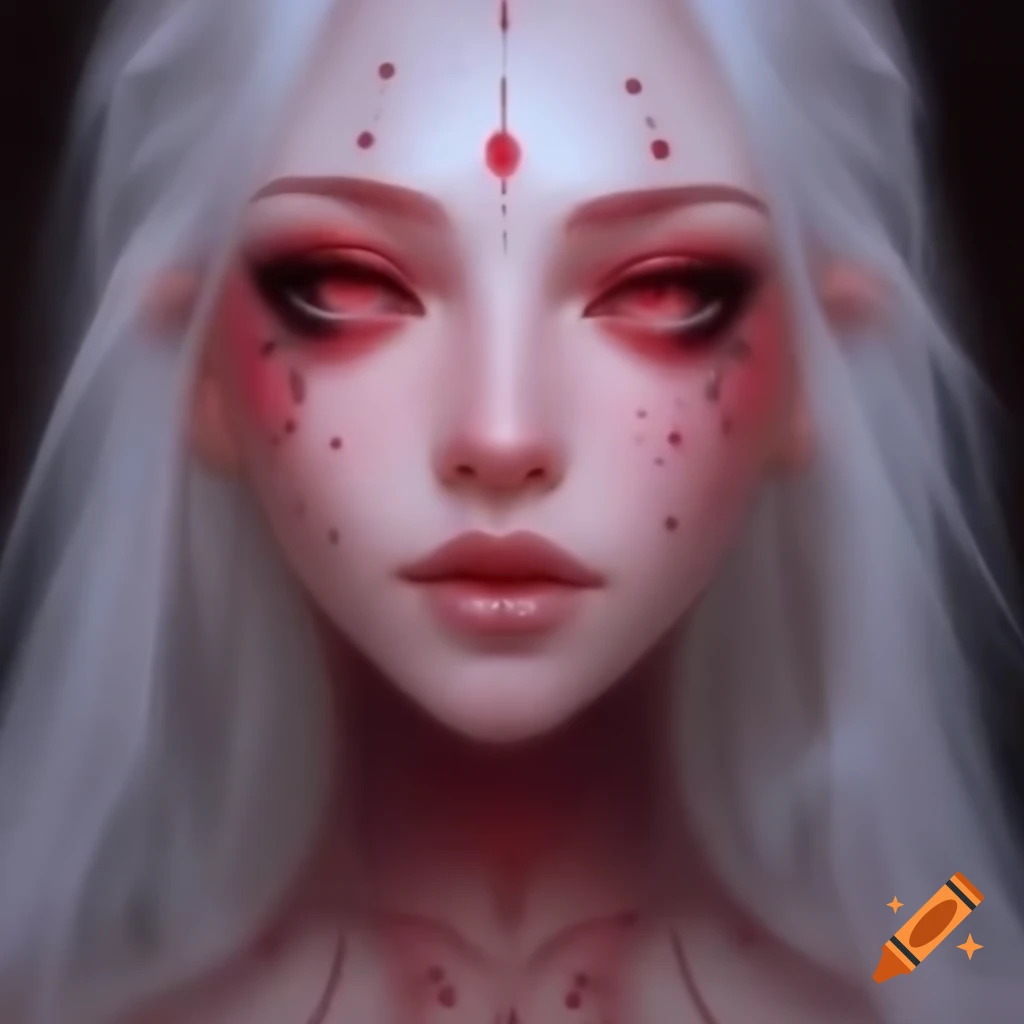 Close-up portrait of ethereal woman with white hair and red eyes ...