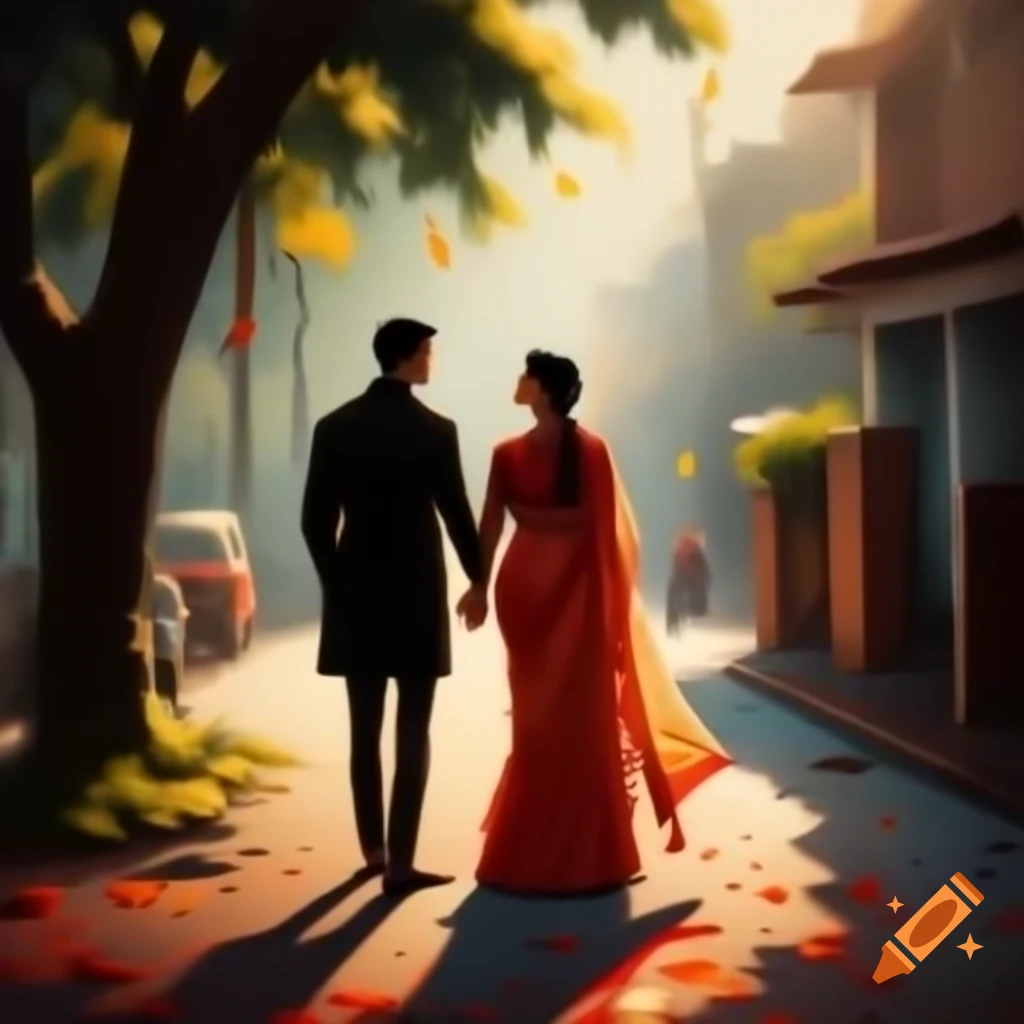 Newly married couple walking hand-in-hand on tree-lined street