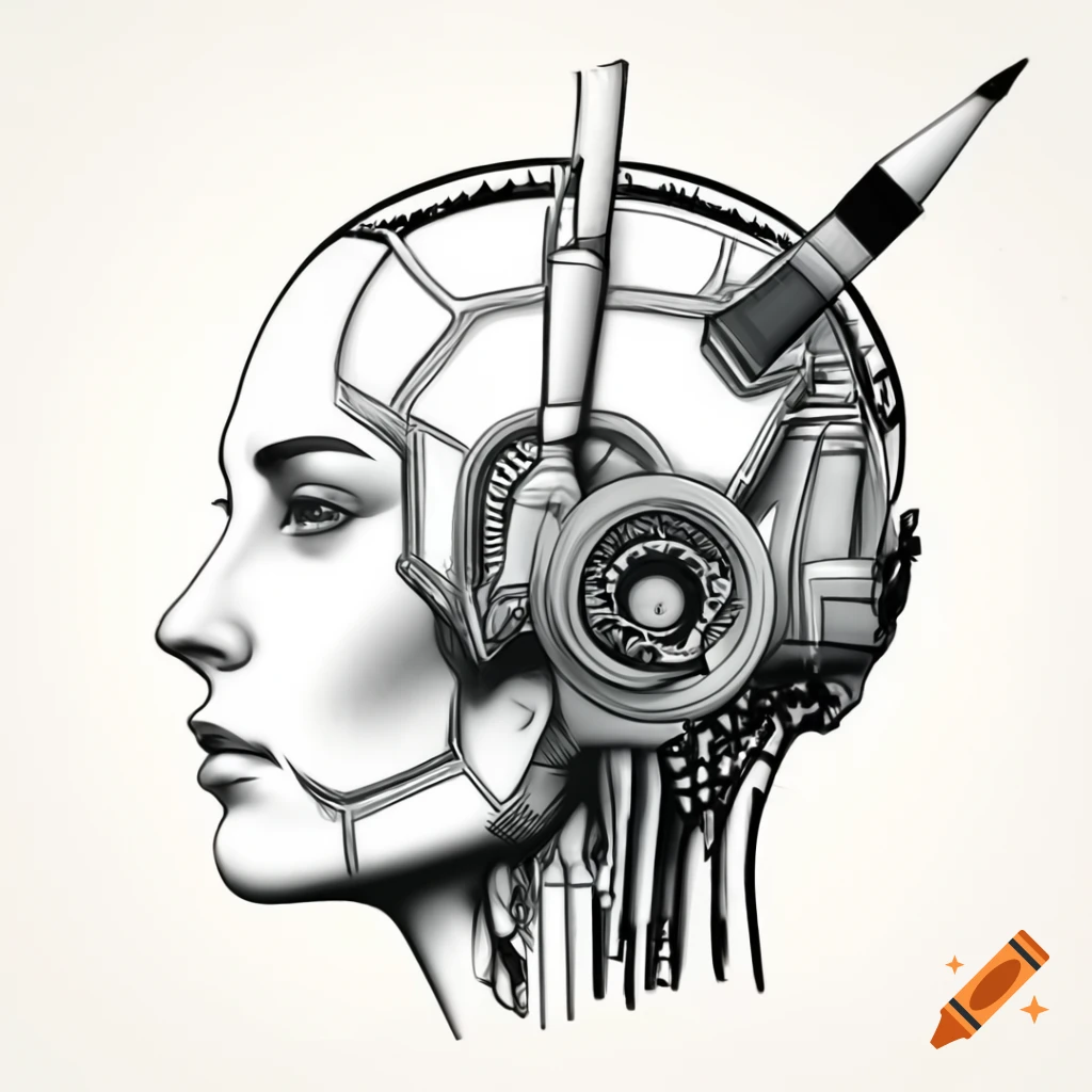 Detailed side view sketch of a robot head