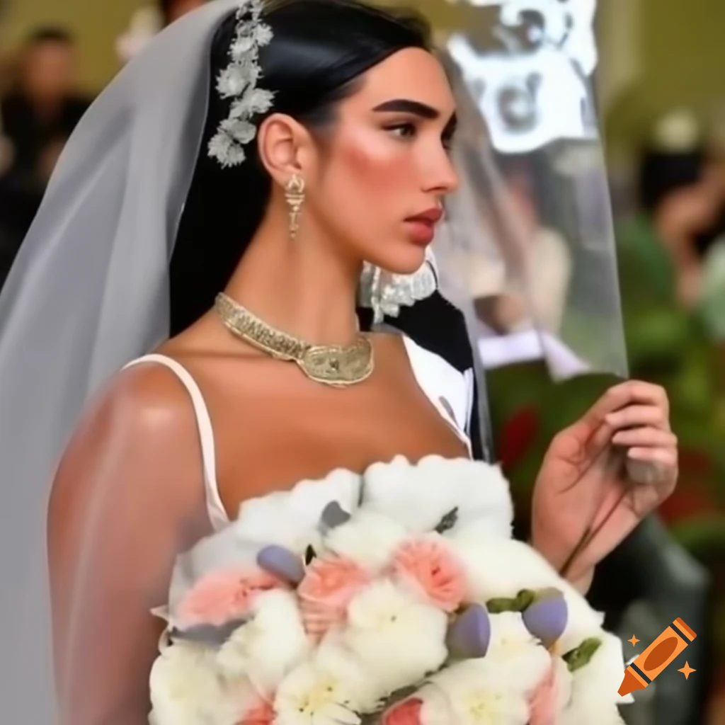 Dua Lipa in traditional wedding dress holding bouquet in wedding setting