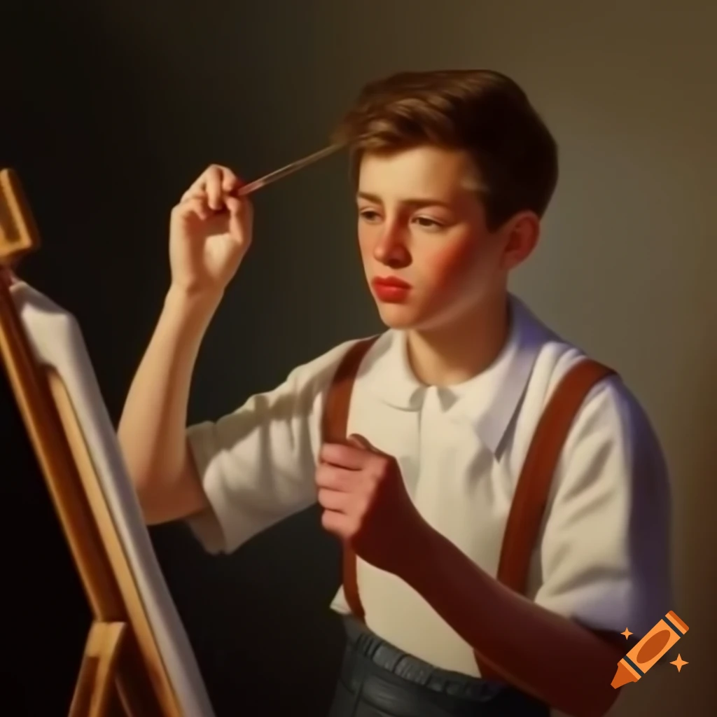 Young man with bandaged thumb painting on canvas