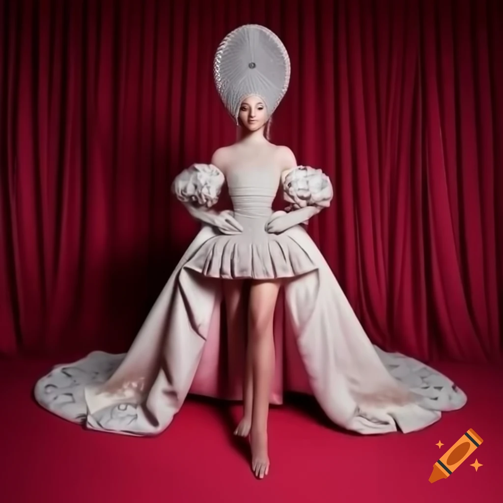 Elegant gown adorned with diamond and ruby details, complemented by matching high heel boots and a stunning diamond headpiece