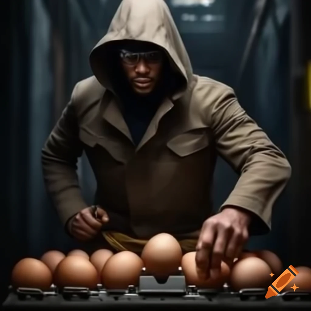 Suspicious man in hooded trench coat selling eggs to bodybuilder in dark  alley on Craiyon