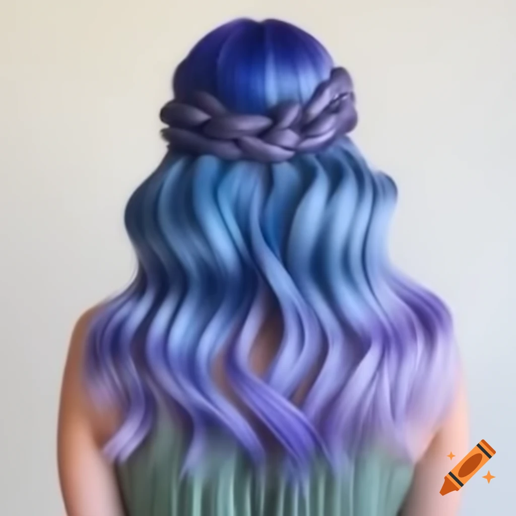 Bridesmaid with blue and purple hair in sage green dress, seen from behind