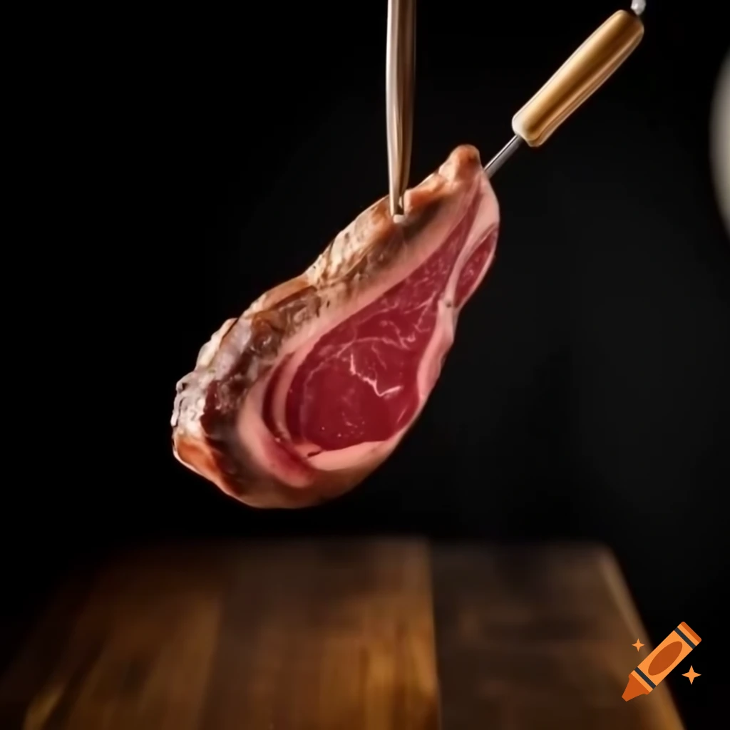 Perfectly seared steak presented on wooden stake with rustic charm
