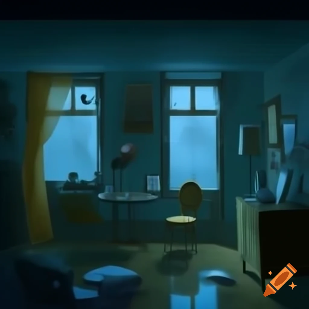 Cozy dimly lit room with vintage decor and rainy street view at night
