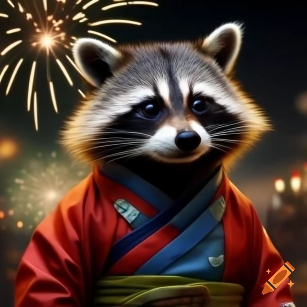 Raccoon in Chinese tang suit with fireworks backdrop