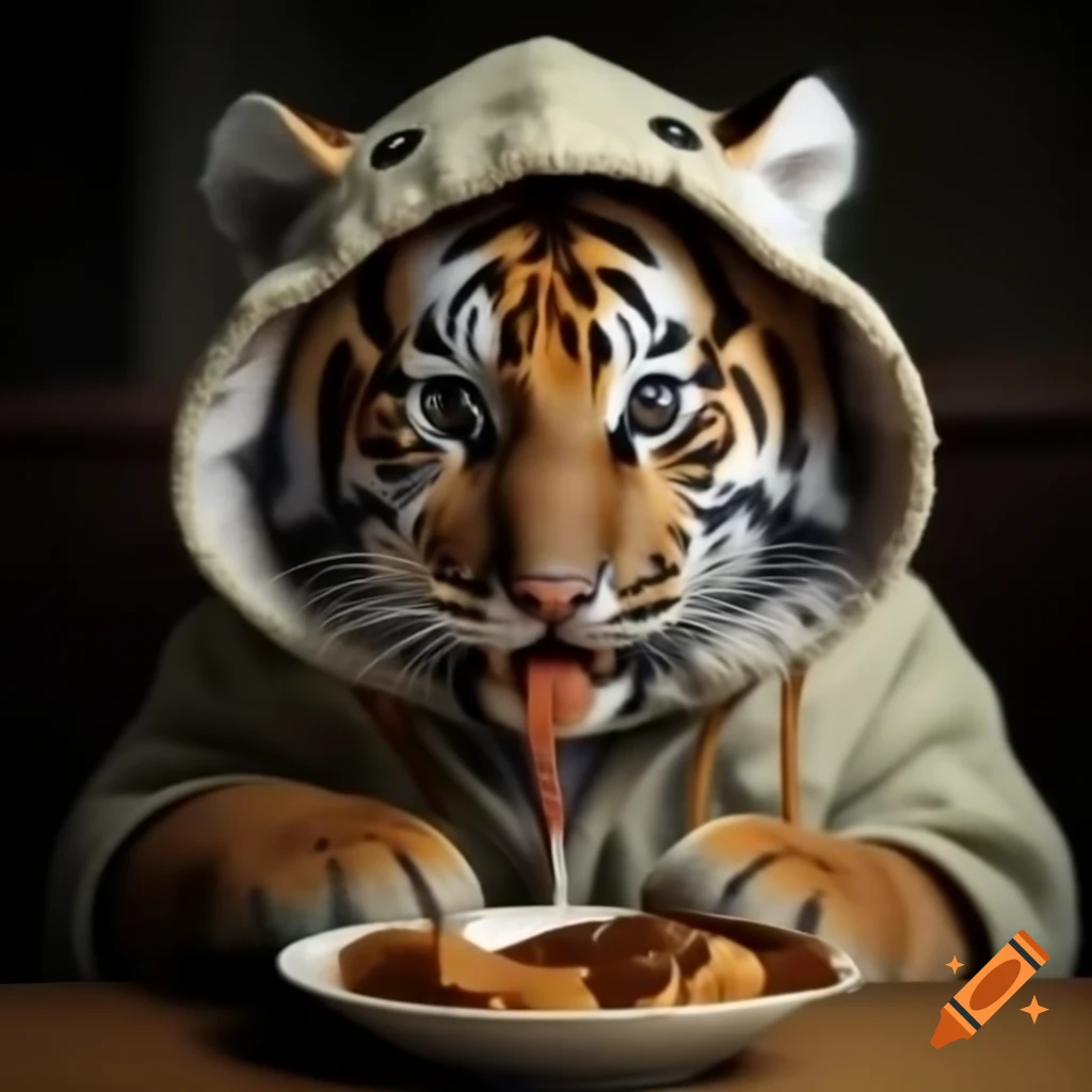 Tiger interacting with a cat wearing a hoodie