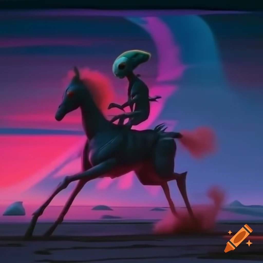 Alien horse in 80s vaporwave style