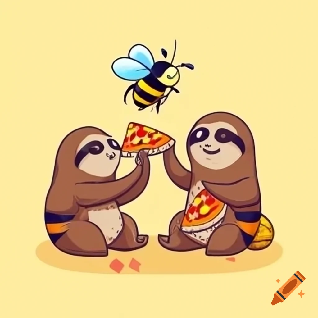 Sloth and bee enjoying pizza dinner with bee on sloth's nose