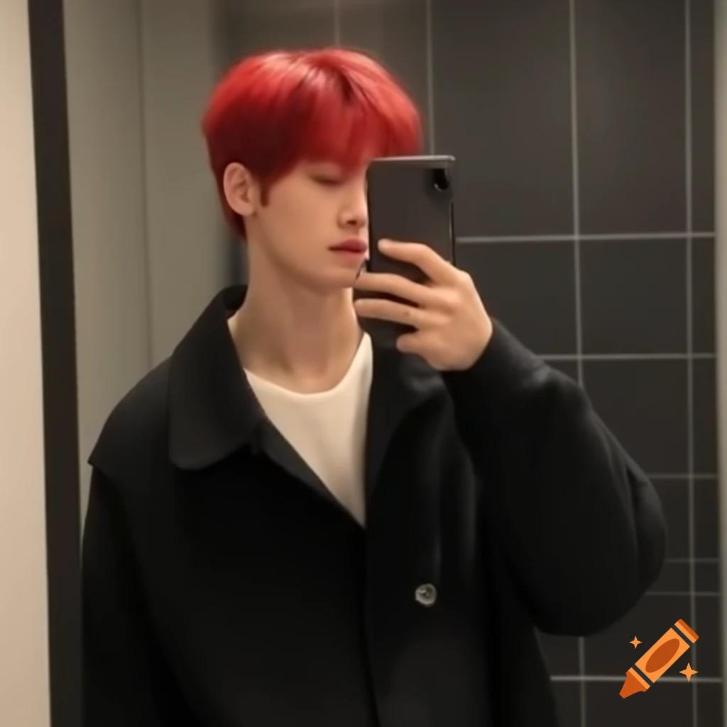 Stylish male with fluffy red hair taking a selfie in a bathroom