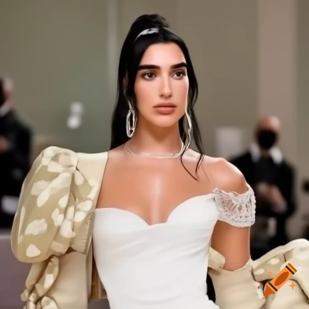 Dua Lipa in elegant modern wedding dress with bouquet of white flowers