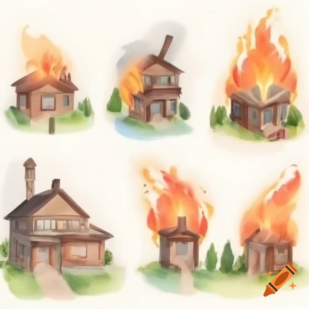 Watercolor cartoon depicting house on fire with onlookers and fire engine