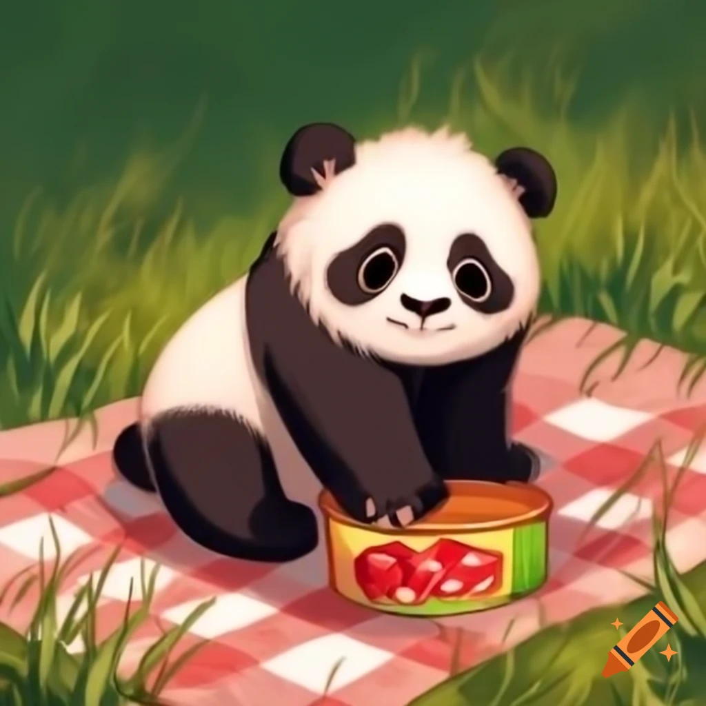 Fluffy panda cub on picnic blanket with strawberry jam jar