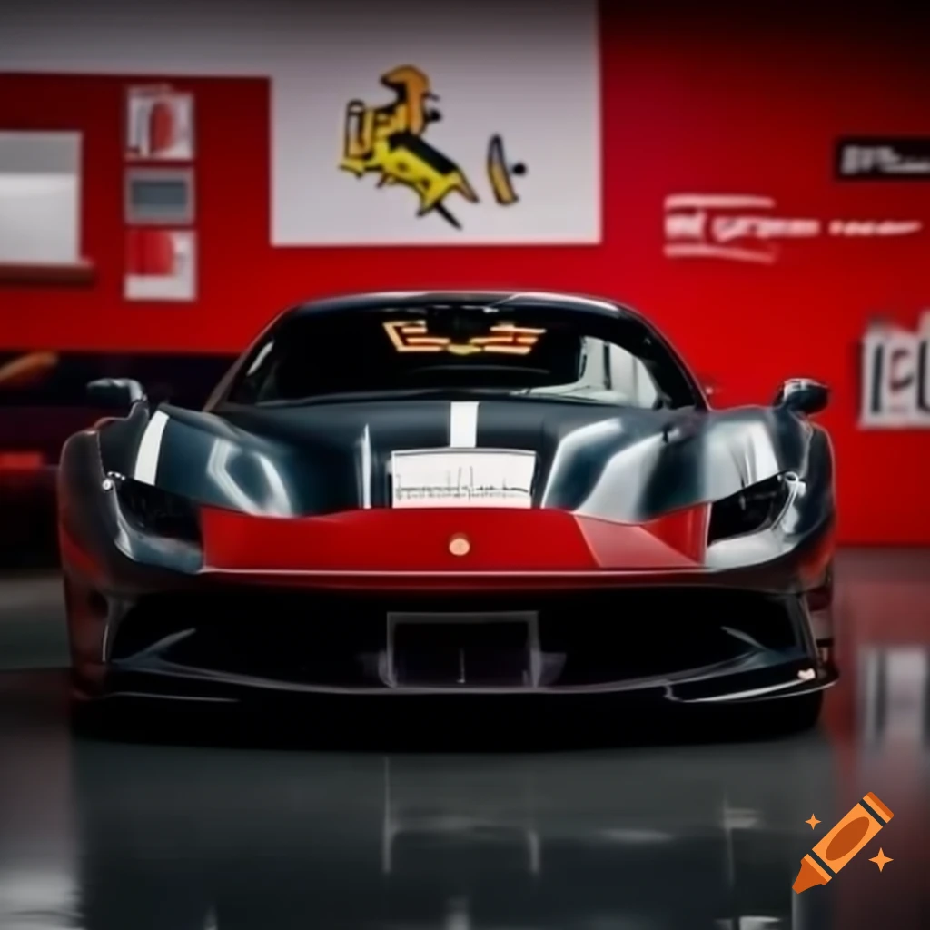 Ferrari 12 cilindri car displayed in showroom with personalized label