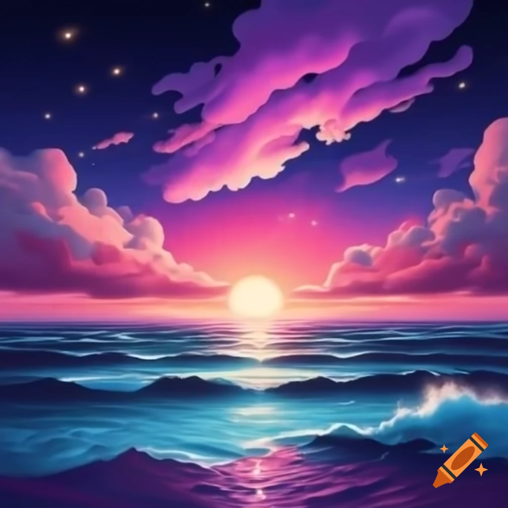 Vibrant sunset sky with purple, pink, and orange hues, scattered stars ...