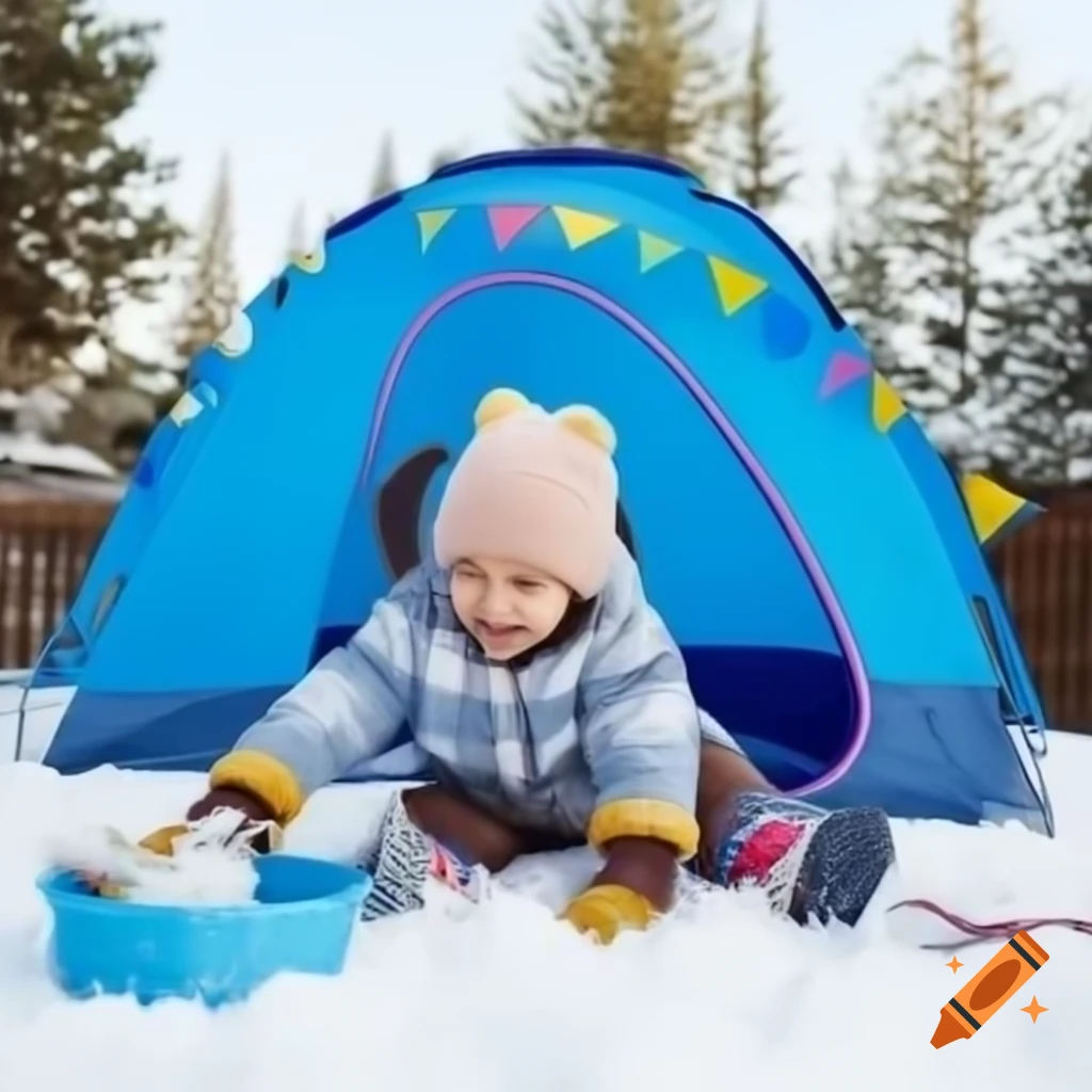 Child playing in blue tent during winter outdoors