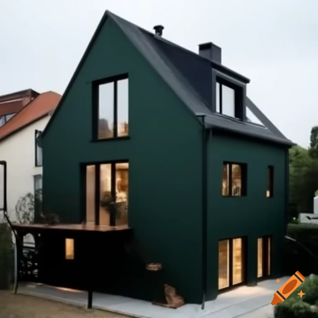 German-style house with dark green exterior and terracotta roof, featuring balcony and plants