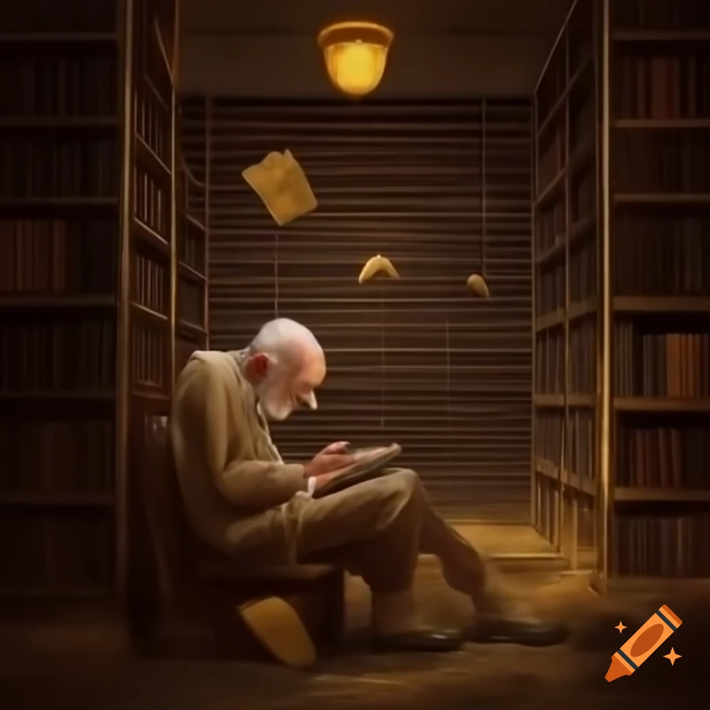 Old man in dusty library reading book with projected memories of youth as sailor