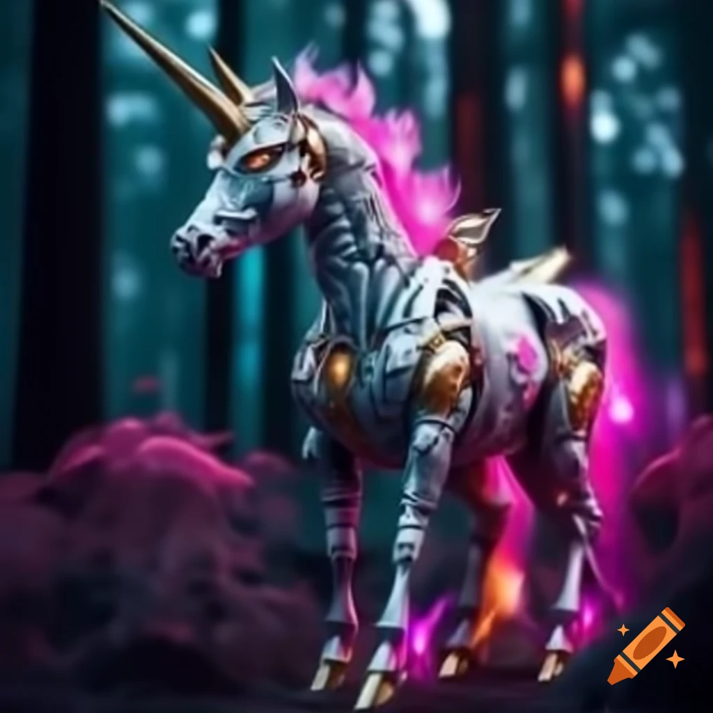 Futuristic unicorn with glowing metallic horn in graceful pose on Craiyon