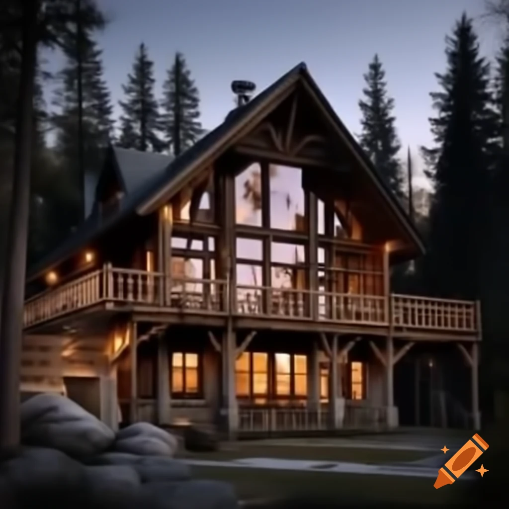Photo-realistic 4K render of wood log cabin with large windows at sunset