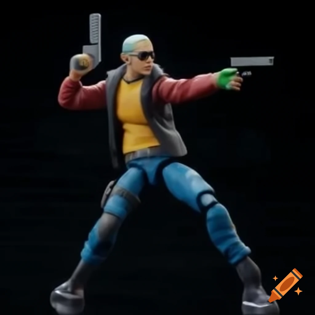 Charismatic urban action figure in dramatic stance with firearm