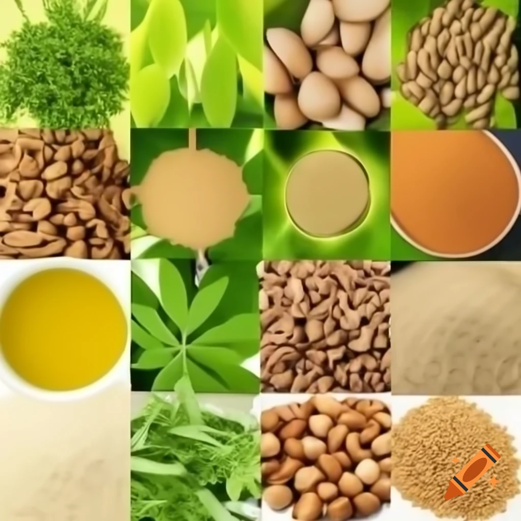 Collage of natural ingredients including moringa, ashwagandha, and chia seeds