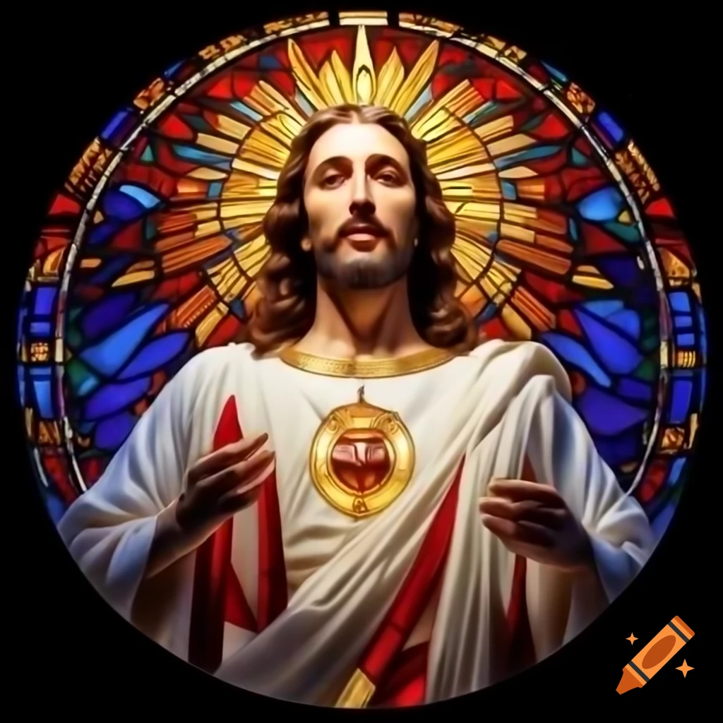 Stained-glass artwork of Jesus Christ with open arms and radiant halo