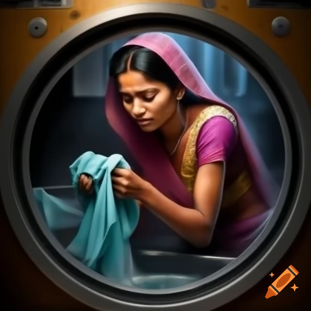 Indian lady using washing machine in bungalow