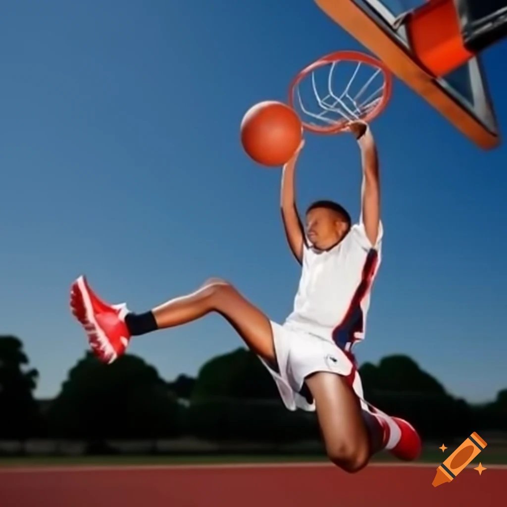 Young athlete jumping towards basketball hoop preparing to score