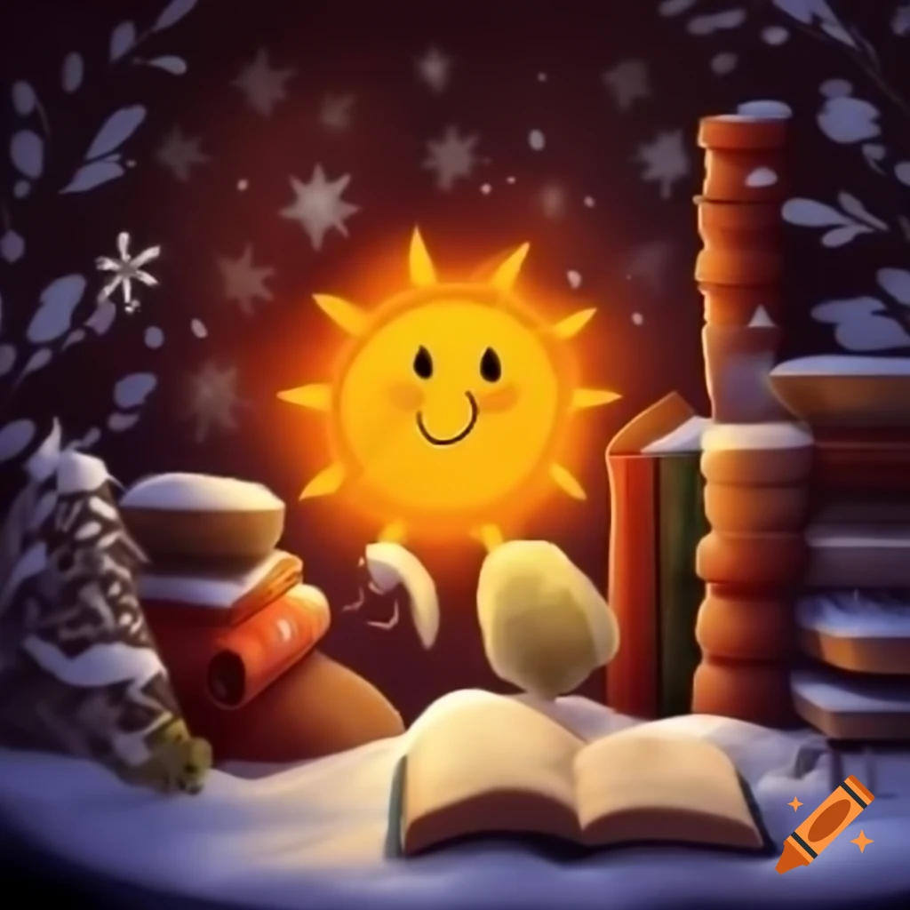 Whimsical Christmas scene with snowflakes and sunlit books