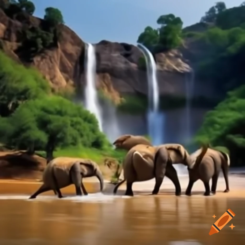 Two elephants near a small waterfall with a river in the background