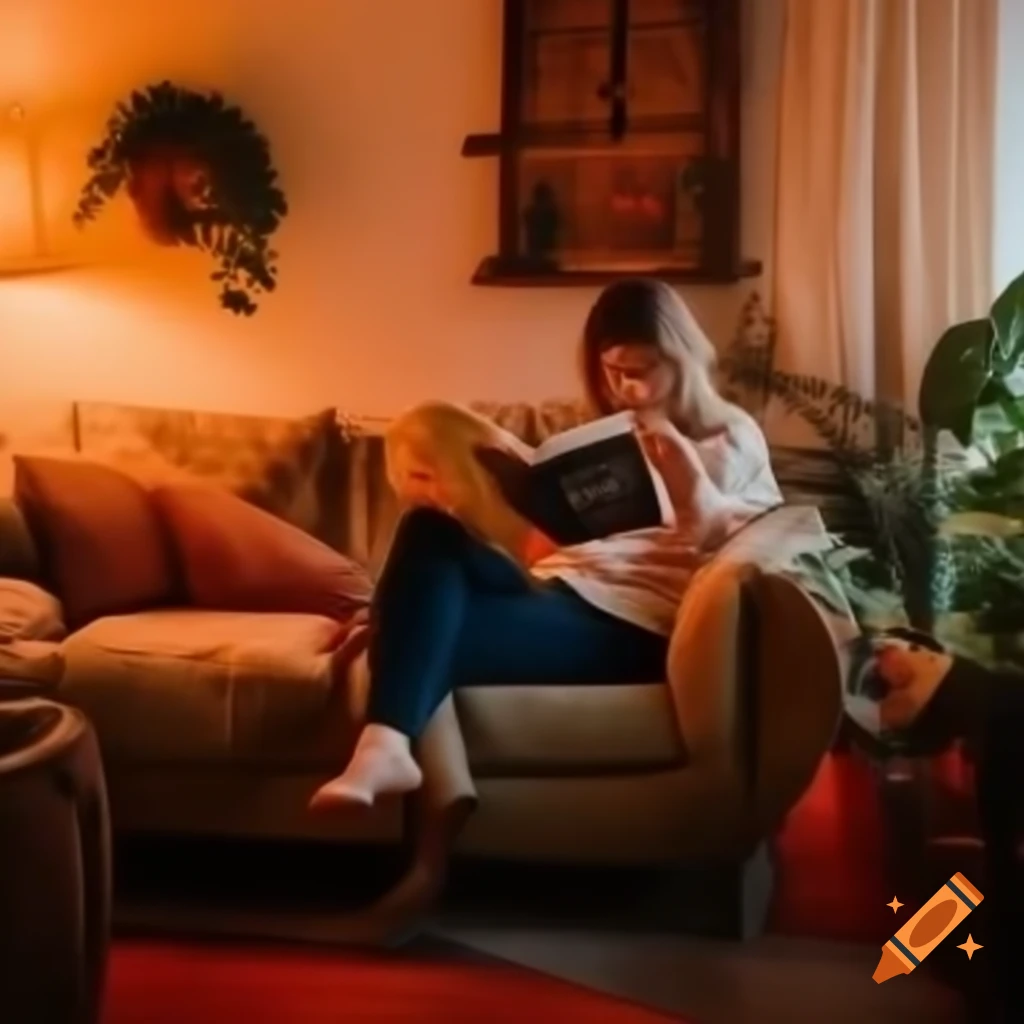 Person reading in cozy bohemian living room with plants and warm lighting