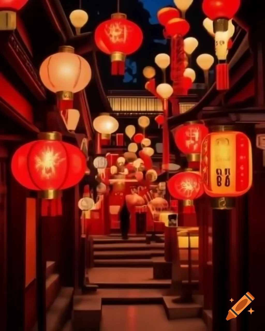 Chinese New Year themed scene with red and gold lanterns, animated style