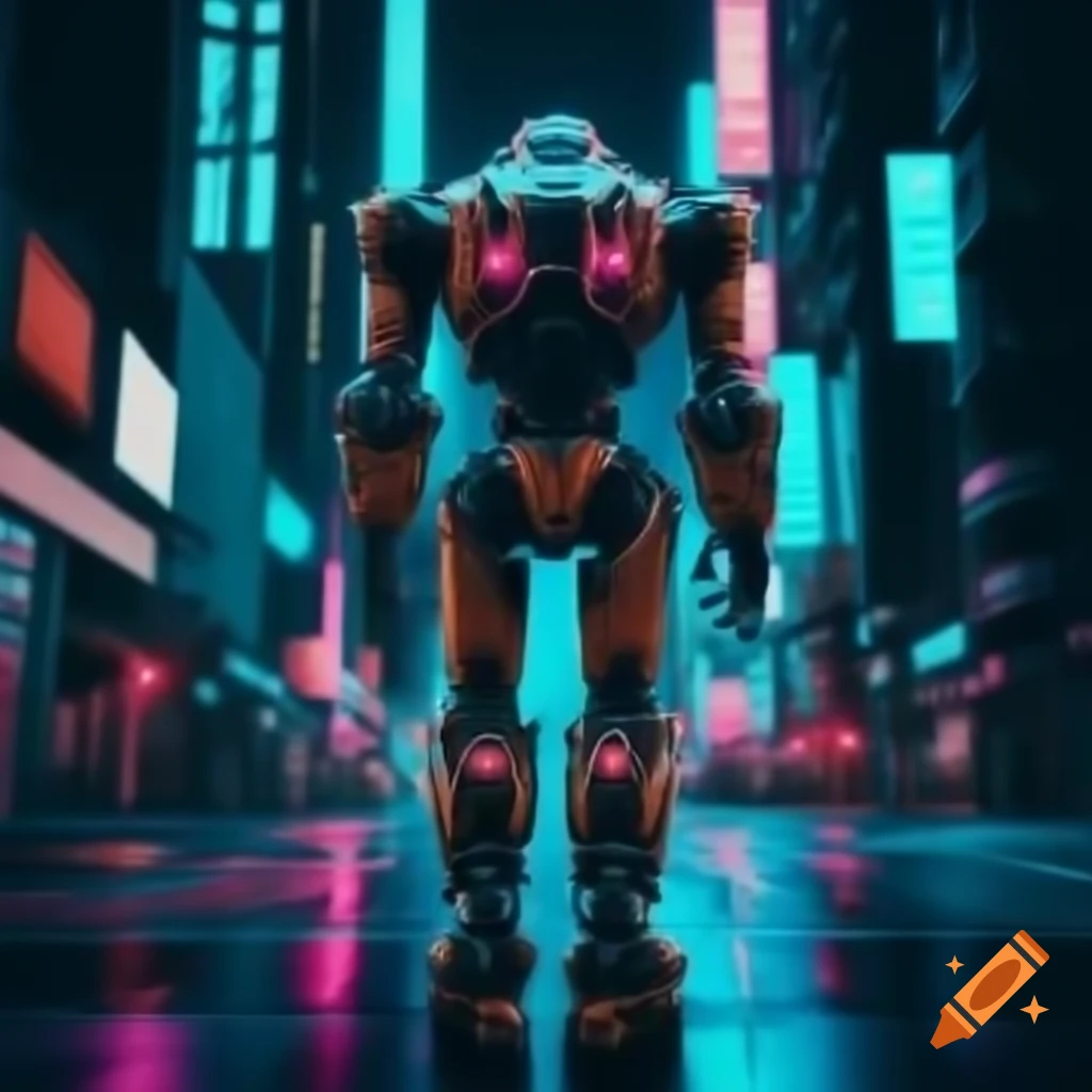 Futuristic blue robot walking in neon-lit city with reflections on wet ground, cyberpunk style