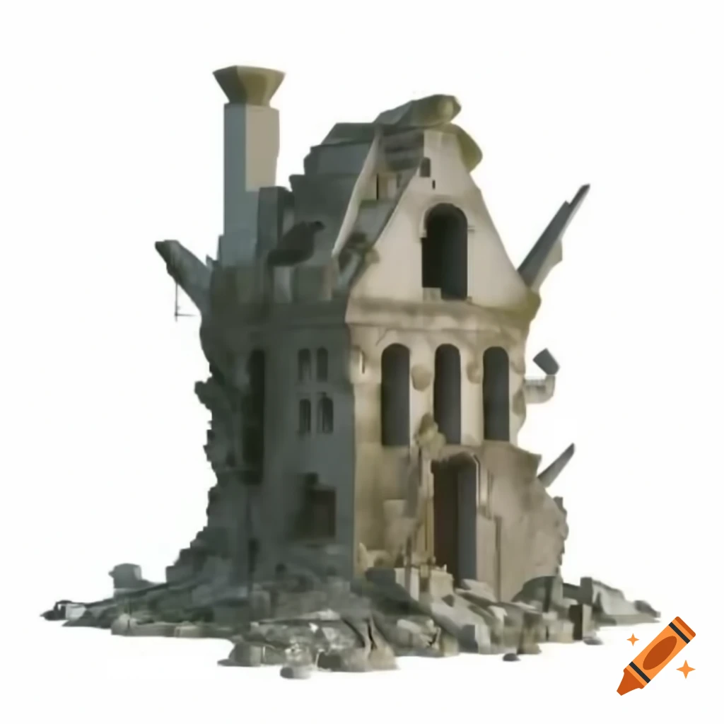 3D model of ruined walls of a fantasy building on white background