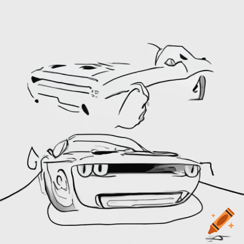 Minimalist line drawing of a Dodge Challenger Hellcat on white background