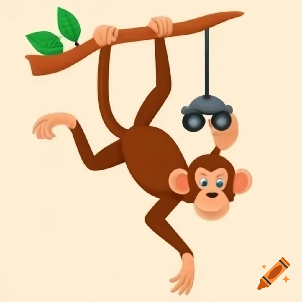 Monkey hanging from branch holding binoculars