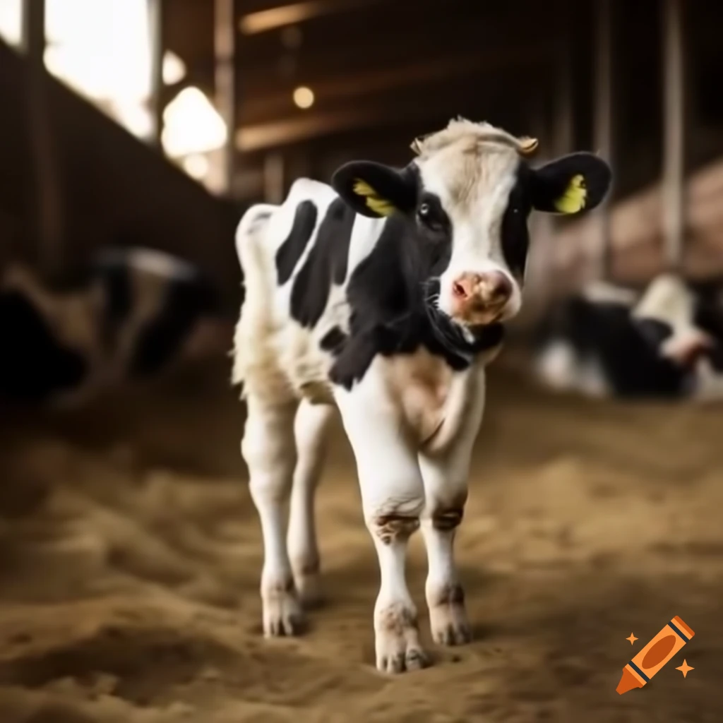 Baby cow exploring inside a stable