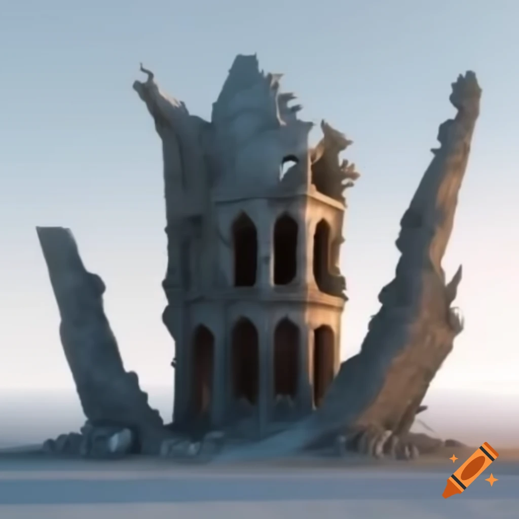 3D model of ruined walls of a fantasy building on white background