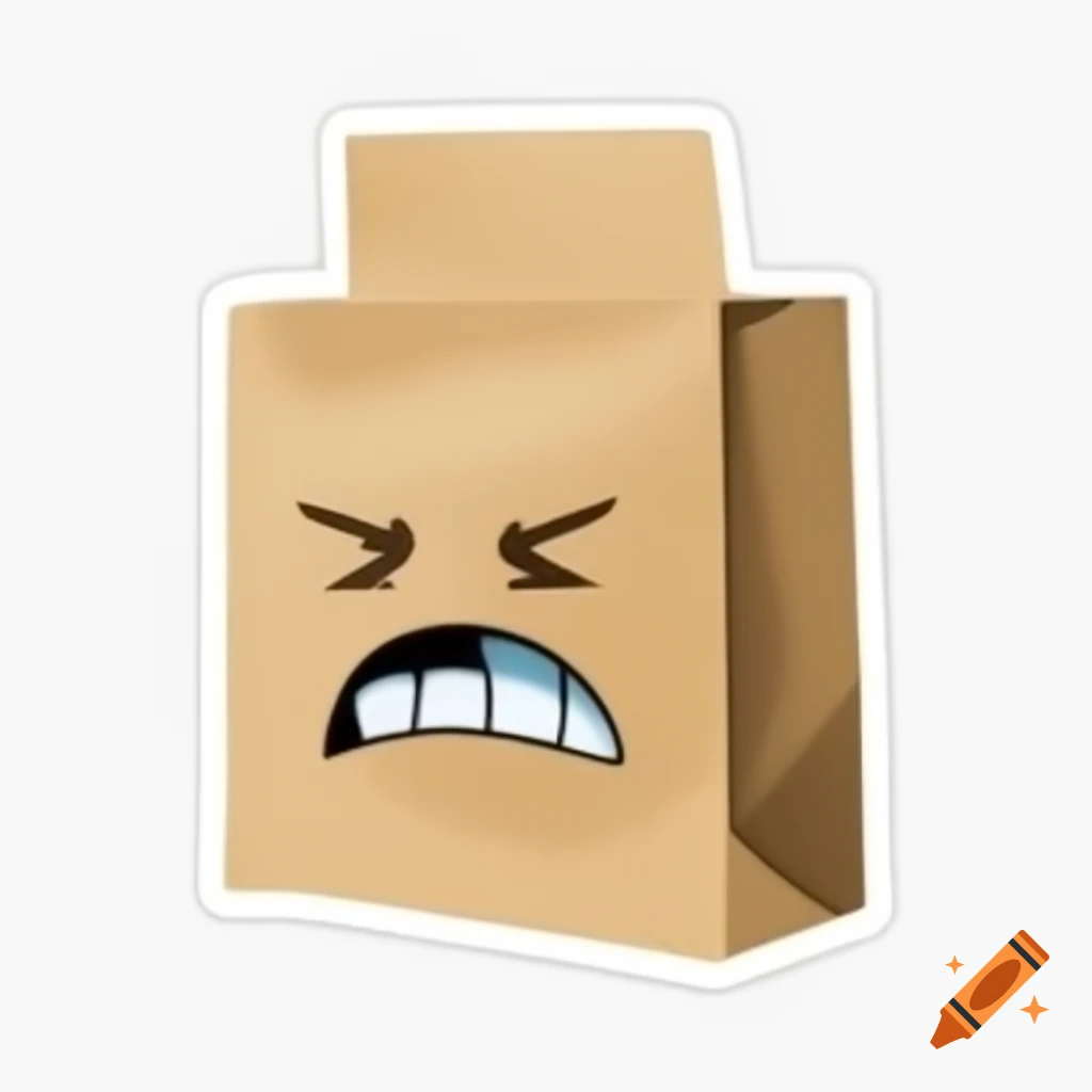 Annoyed expression paper bag sticker on white background