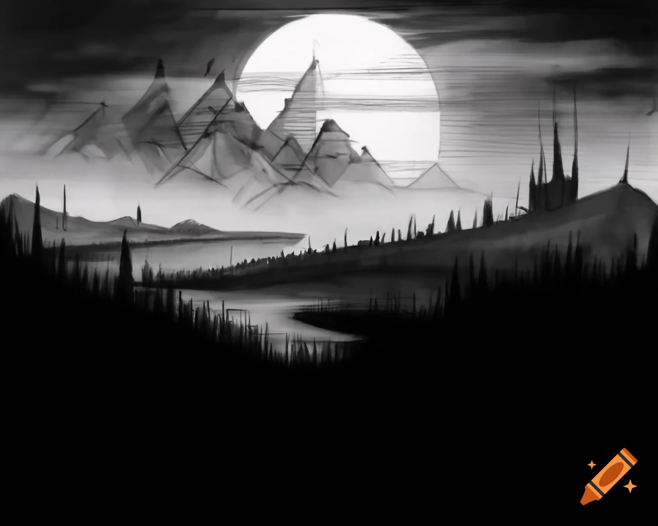 Dystopian gothic landscape in pen and ink with black and red accents on ...