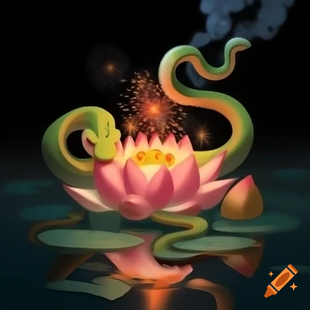 Snakes and Chinese dancing lions emerging from lotus flower with fireworks
