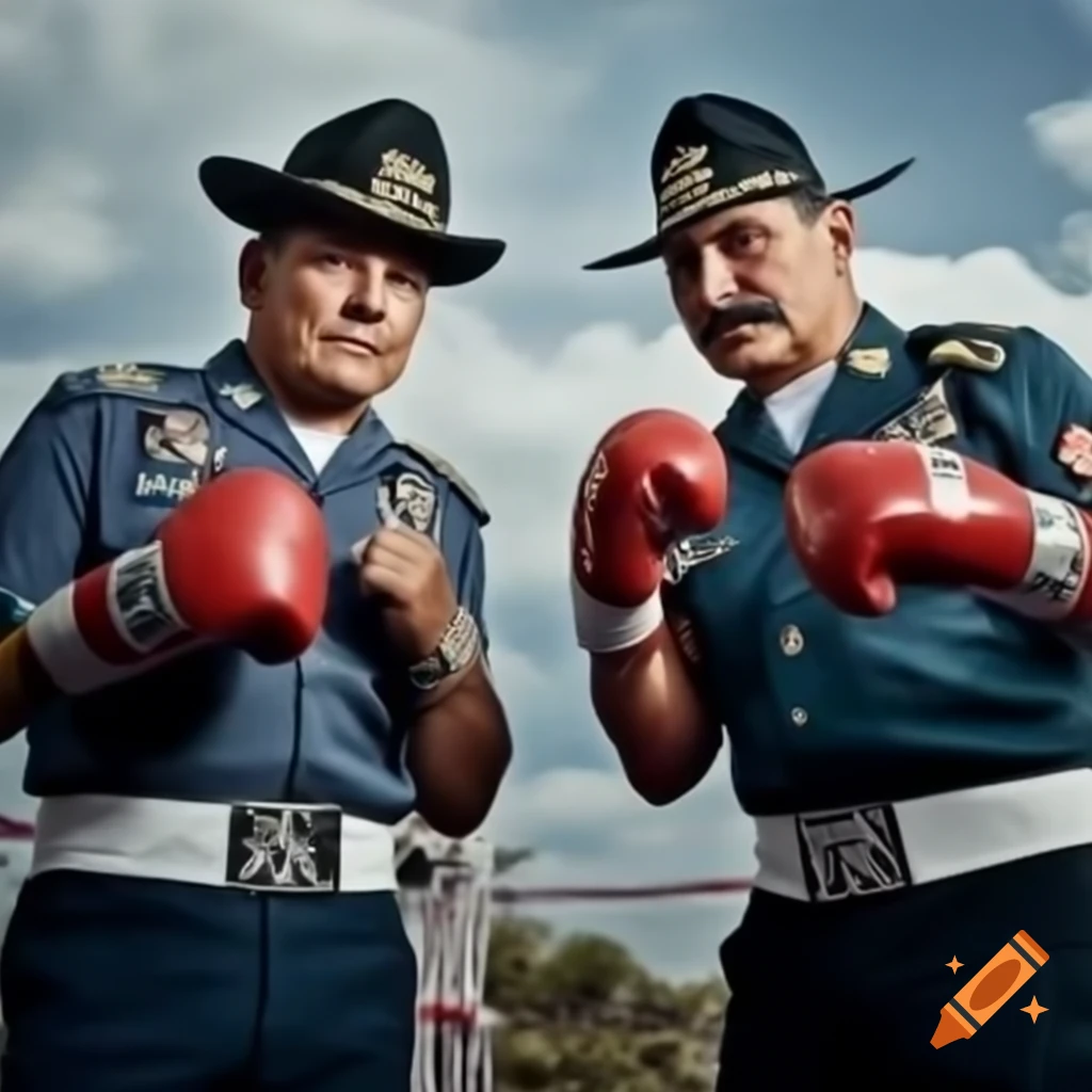 Two men boxing outdoors in traditional attire