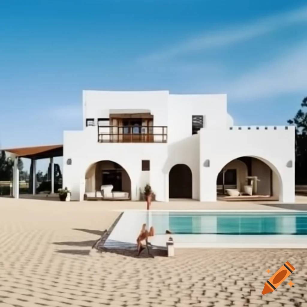 White stucco house with arches, upper deck, and pool on Craiyon