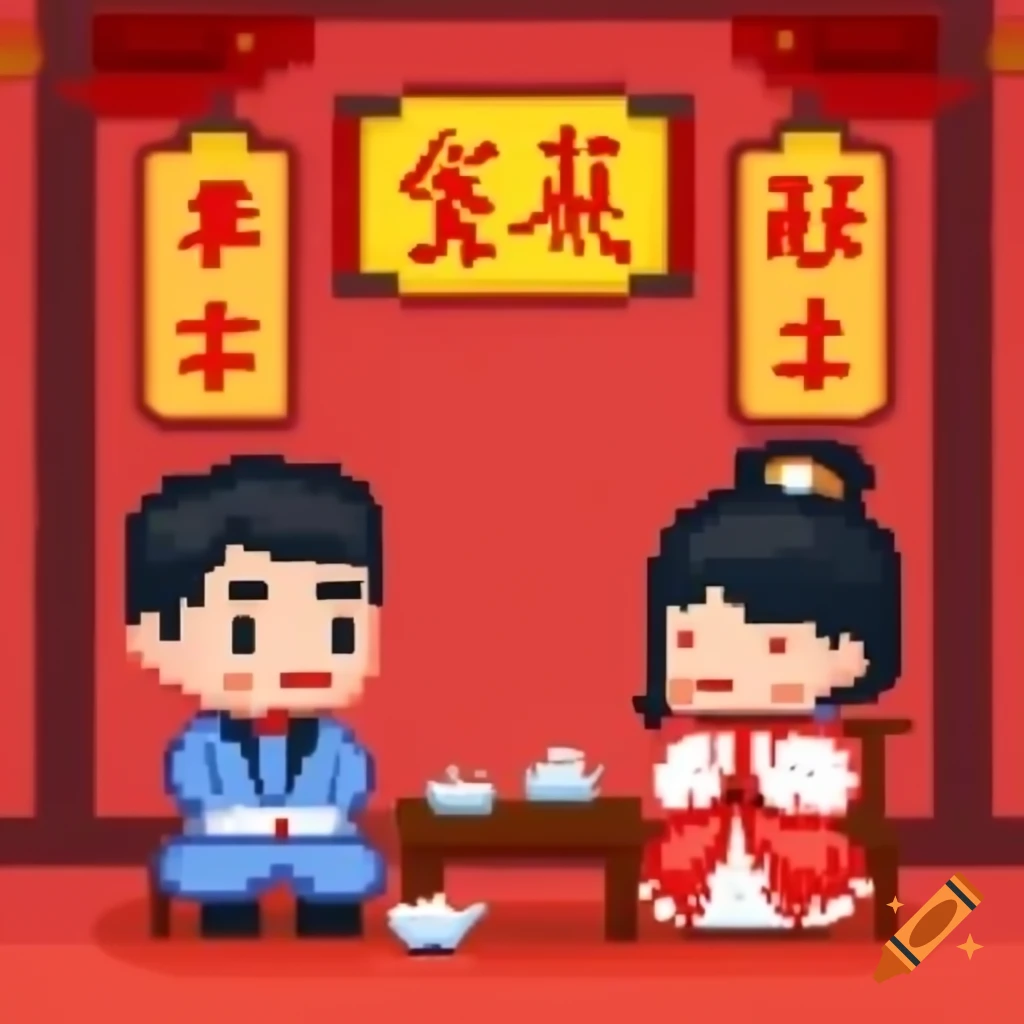 Cartoon couple in Chinese wedding tea ceremony wearing traditional costumes in pixelated style