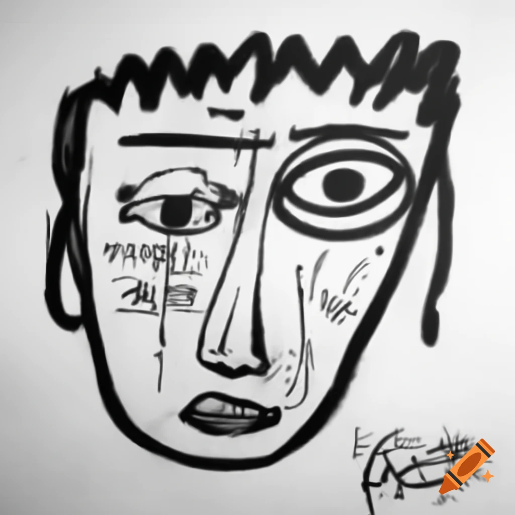 Black and white pencil sketch inspired by Basquiat depicting a game face