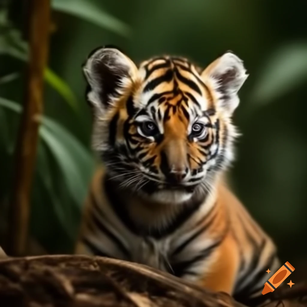 Cute young tiger cub in lush jungle environment