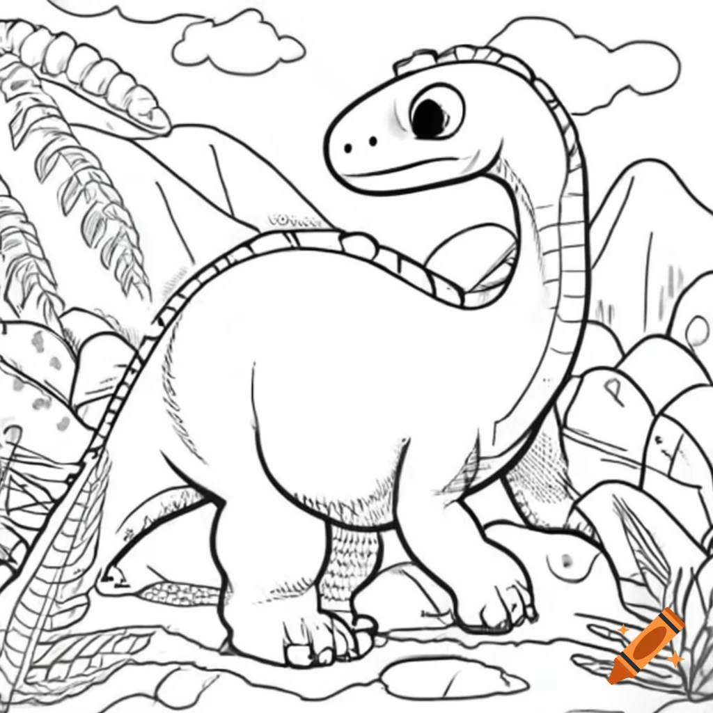 Detailed black and white coloring page of cute Iguanodon dinosaur eating from prehistoric tree